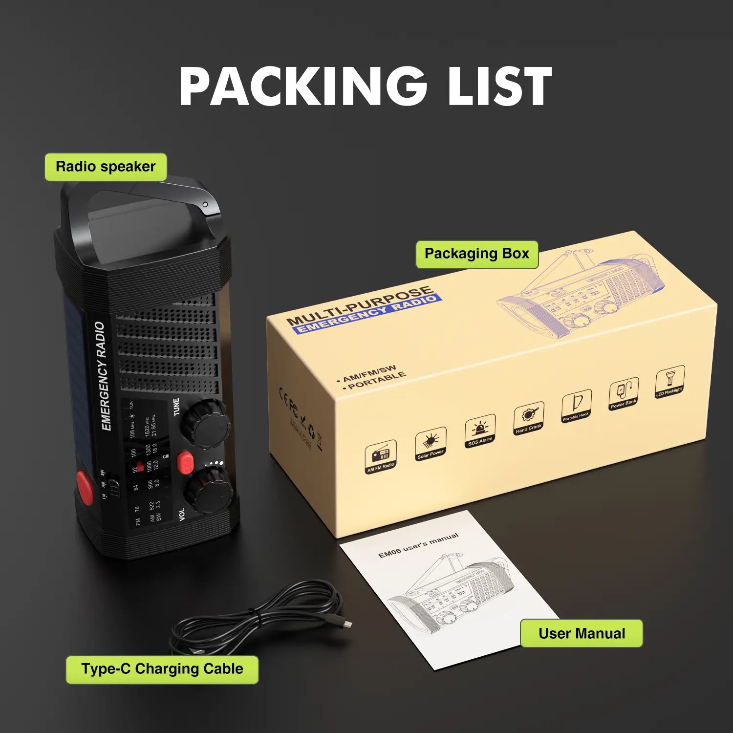 Linterna de radio de emergencia solar negra con manivela manual, botones rojos y asa de transporte para la recepción AM/FM/SW.