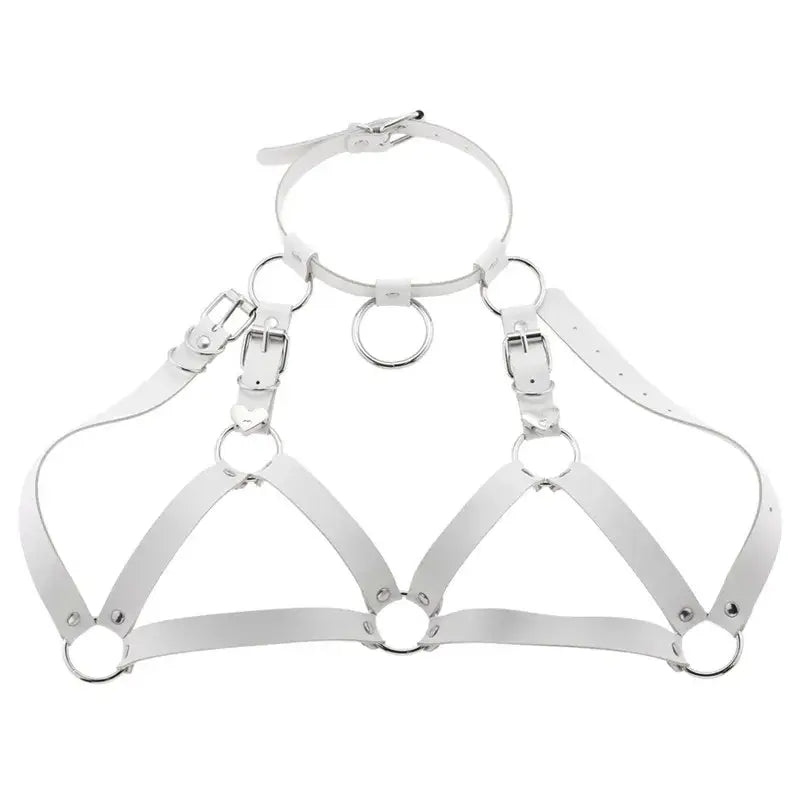 White leather goth body harness featuring silver metal rings and buckles designed as faux leather chest chain body jewelry.