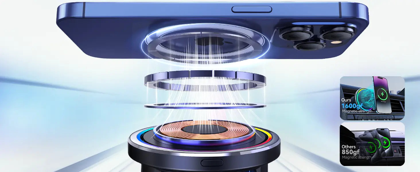 Ein blaues iPhone 13 Pro, das die Rückseite zeigt, mit einer angebrachten magnetischen kabellosen Lade-Spule an einem Minix Qi2-Magnet-KFZ-Ladegerät mit Kühllüfter