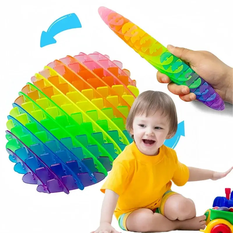 Elastisches Netz-Sinnes-Fidget-Wurmspielzeug aus durchscheinendem, regenbogenfarbenem Kunststoff mit gegliedertem, geripptem Design.