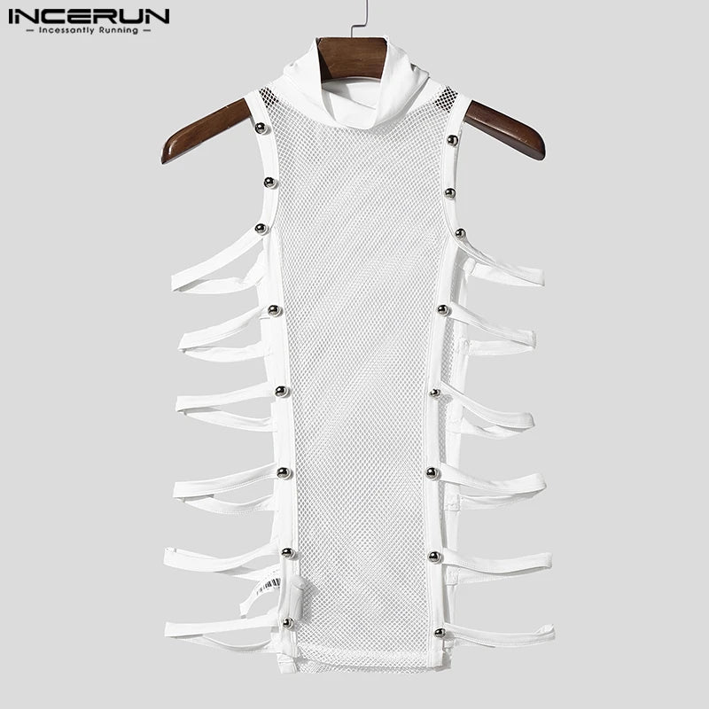 Men Tank Tops Mesh Patchwork See Through Turtleneck Sleeveless SummerMale Vests Streetwear Hollow Out Sexy Men Clothing INCERUN