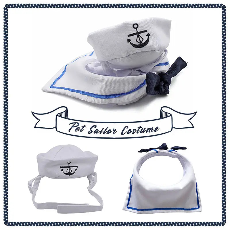 white pet sailor costume for cats featuring navy blue anchor embroidery and trim with a matching bandana-style neckerchief and hat