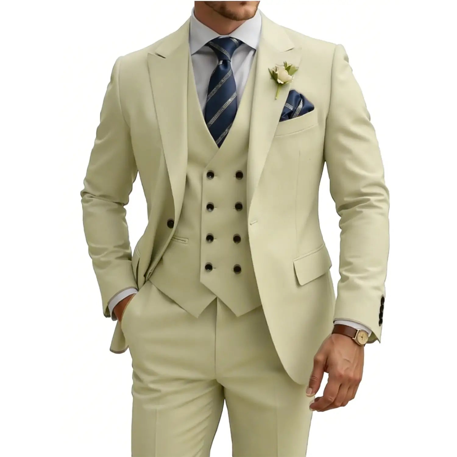 Un costume trois pièces beige crème pour hommes en coupe croisée double boutonnage, avec un tissu texturé, des boutons noirs sur le gilet et un pantalon assorti.