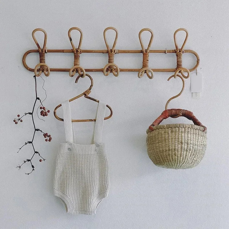 Kids Room Clothing Storage Rack Rattan Wall Hooks Clothes Hat Hanging Hook Garments Organizer Decor Rattan Hanger For Children