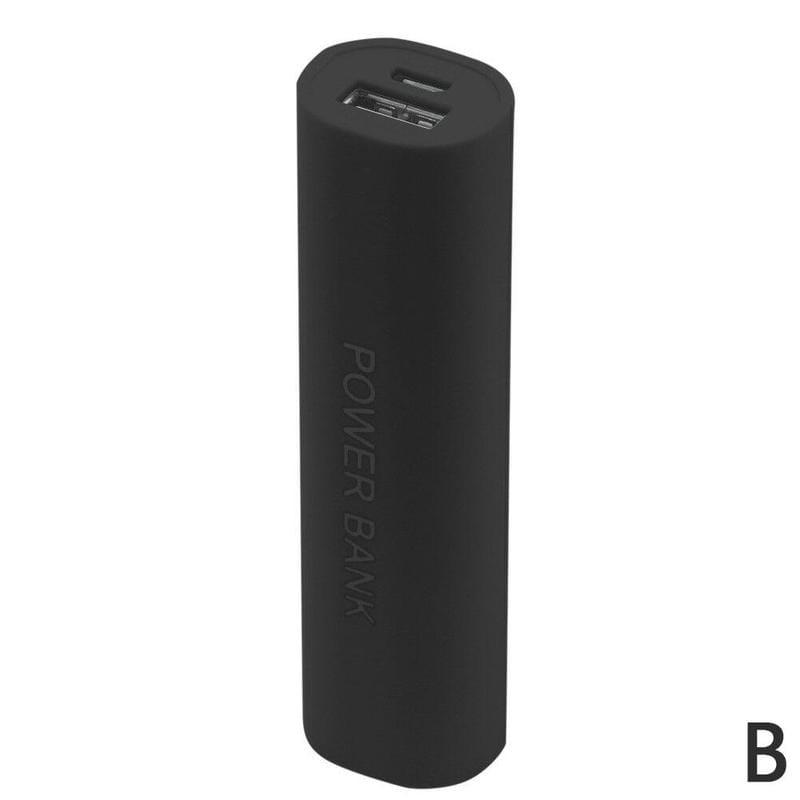 Black cylindrical portable 18650 power bank case with matte finish and integrated usb port on top for diy shell charger.