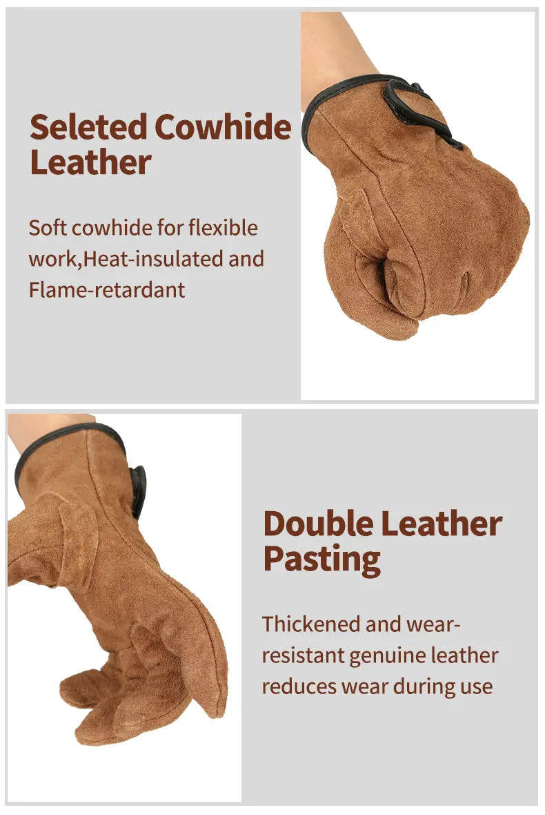 brown cowhide leather heavy duty suede work gloves for men with double-layered construction and reinforced palms