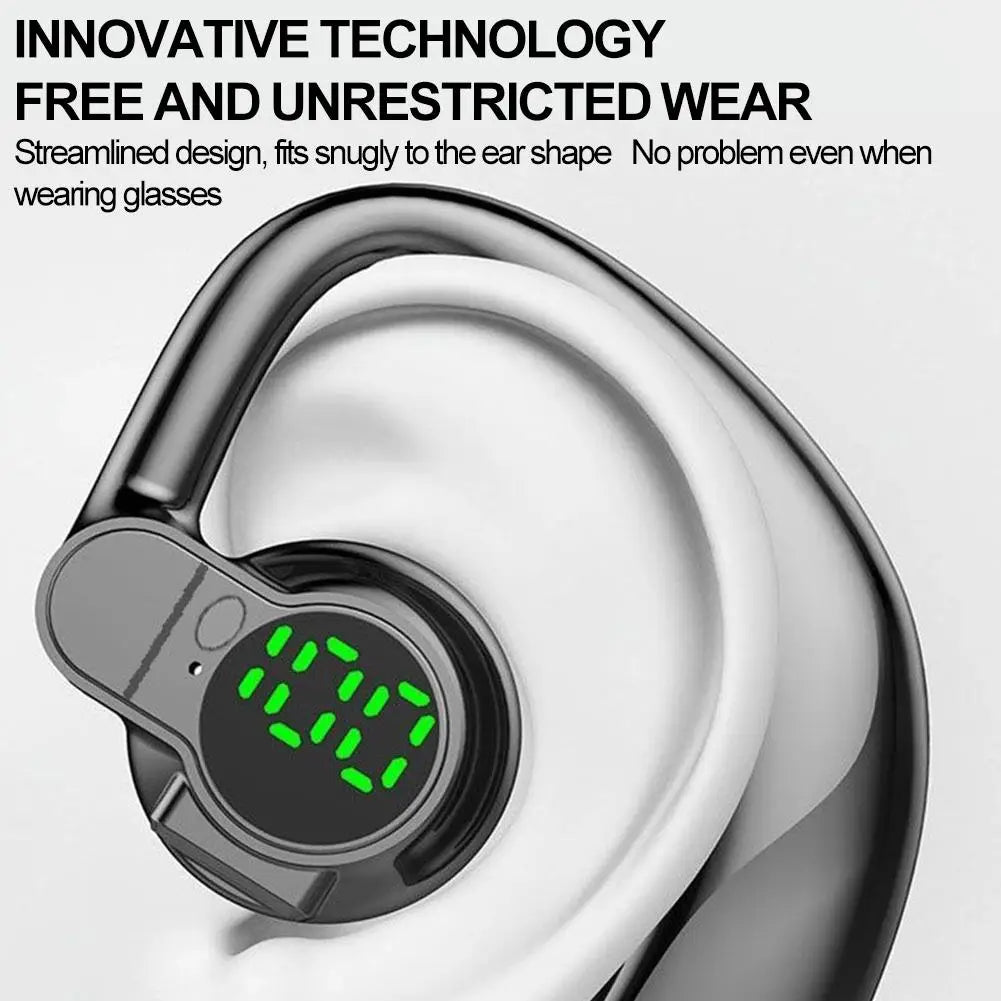 Casques sport à crochet d’oreille Bluetooth 5.4 à oreille ouverte noirs et argent, avec design ergonomique élégant et affichage numérique indiquant des nombres à LED vertes.