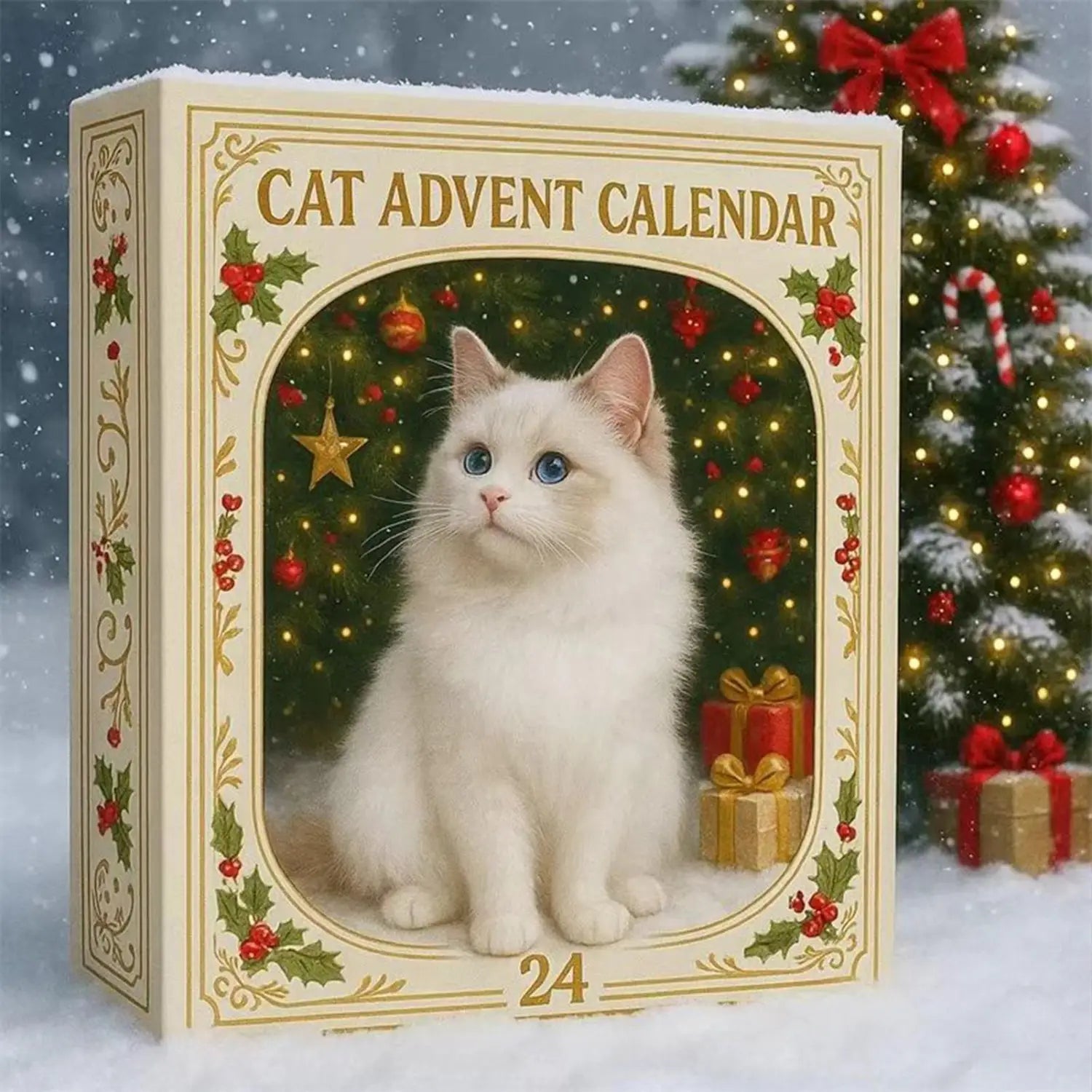 cuenta atrás de Navidad acrílica de color crema de 24 días, que presenta un gatito blanco esponjoso de ojos azules sentado frente a un árbol de Navidad decorado, enmarcado por motivos de acebo y bayas dorados, para la decoración del árbol de gatos de 24 días.