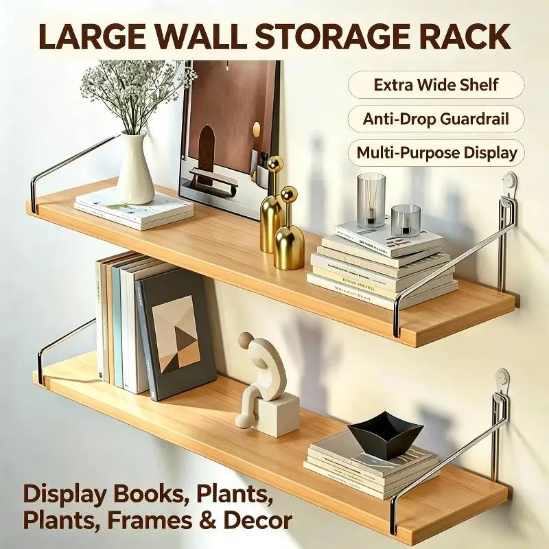 Repisas flotantes de madera maciza natural montadas en la pared, con un soporte de almacenamiento doble de dos niveles con acabado en madera clara y soportes metálicos elegantes, elaborados en madera maciza natural.