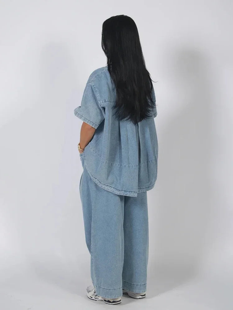 Casual Denim Blouse Trousers Suit Women Blue Half Sleeve O-Neck Top Pleated Tops Wide Leg Pants Set Female Autumn Chic Lady Sets