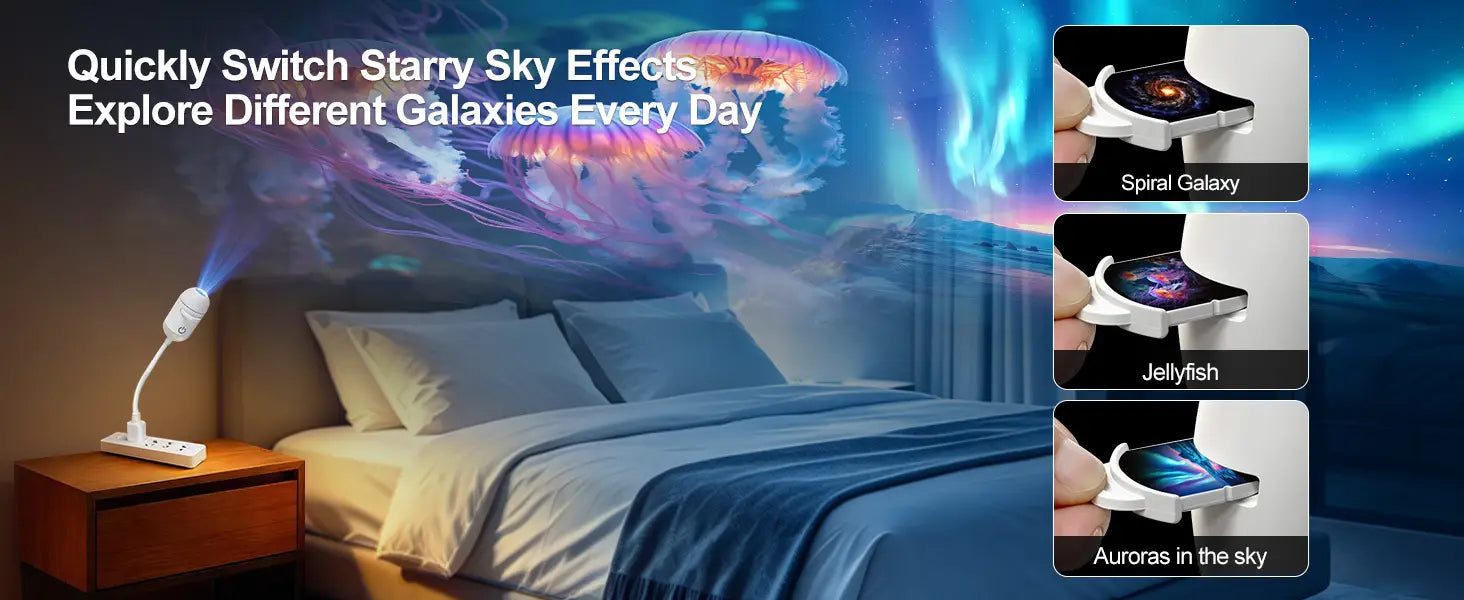 Un projecteur USB de galaxie blanc élégant, avec un cou flexible, conçu comme une lampe de nuit pour projeter sur les murs des scènes cosmiques vibrantes telles que des galaxies spirales et des aurores.