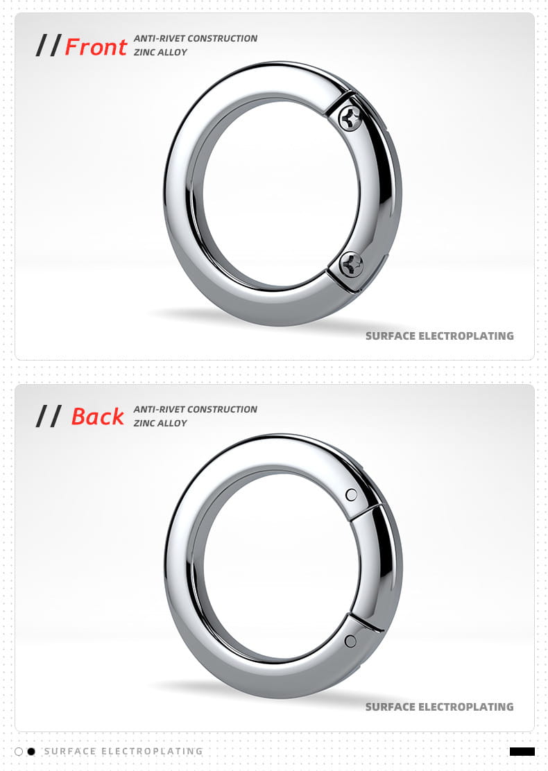 Shiny silver-toned zinc alloy metal car keychain detachable ring holder with anti-rivet construction and surface electroplating.