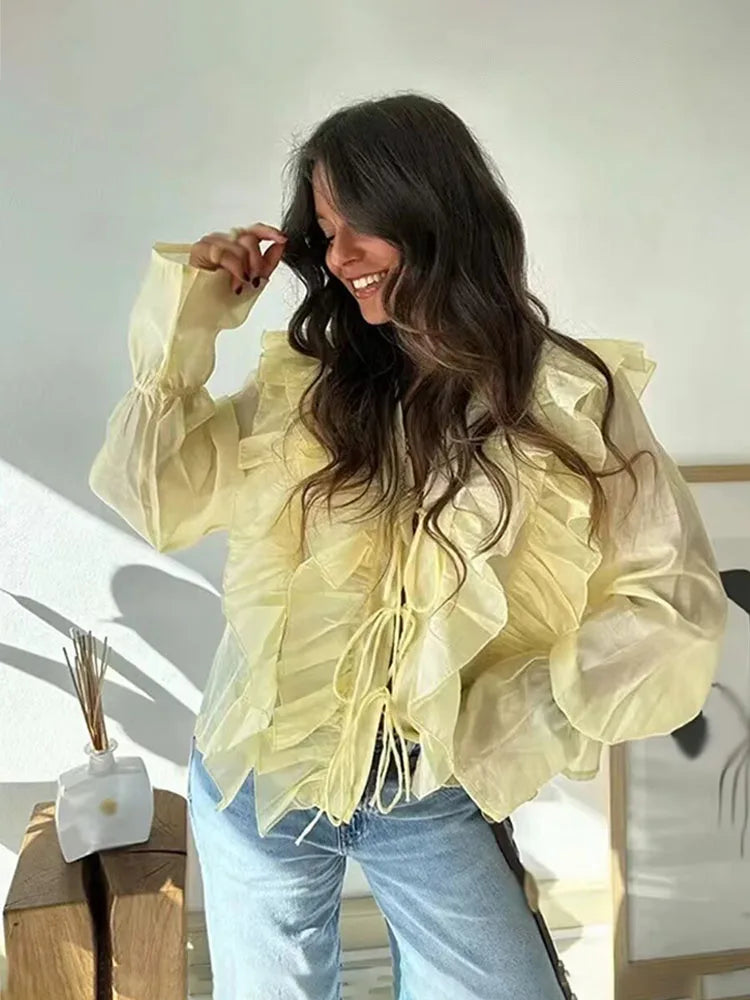 HH Woman's New Fashion Chic Blouses Yellow V-Neck Long Sleeves Bow Lace-Up Decoration Female Summer Casual Slim Shirts