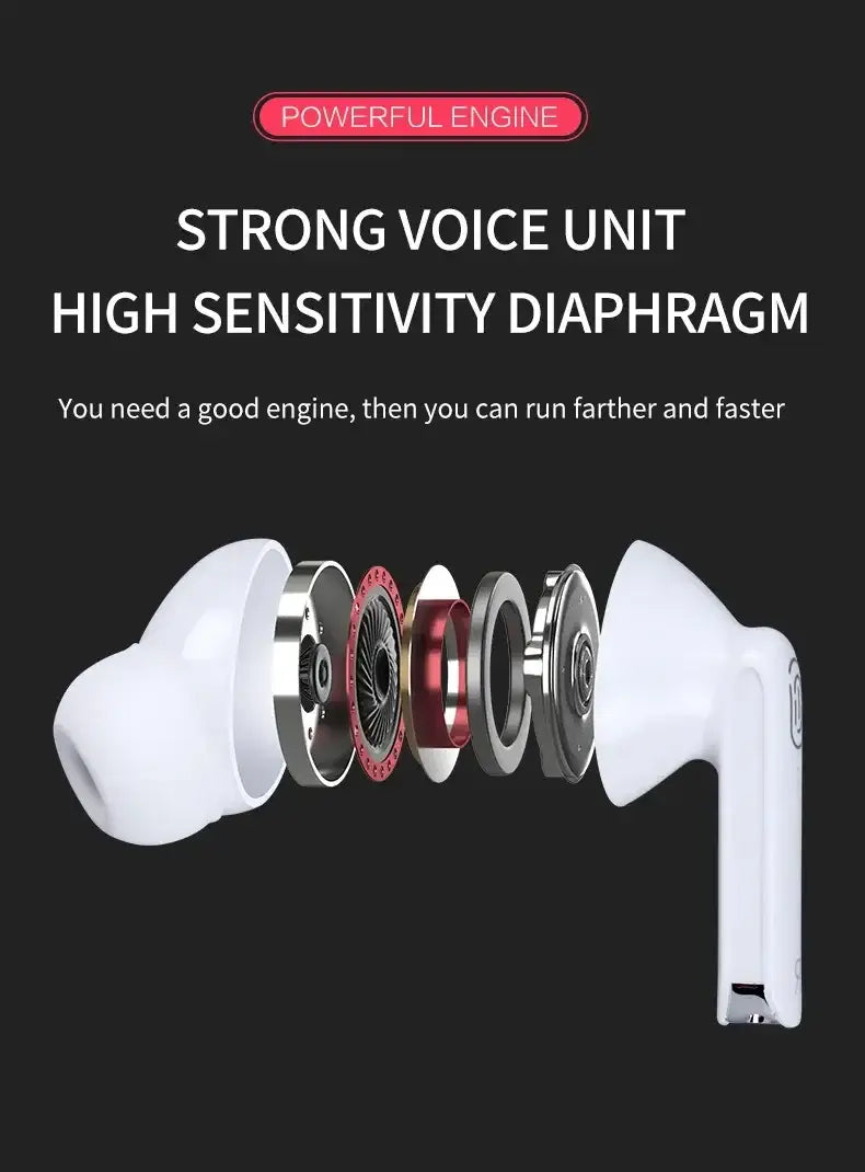 Weiße kabellose Bluetooth-Ohrhörer mit aktiver Geräuschunterdrückung, mit Querschnittsansicht, die metallische und rote interne Komponenten zeigt.