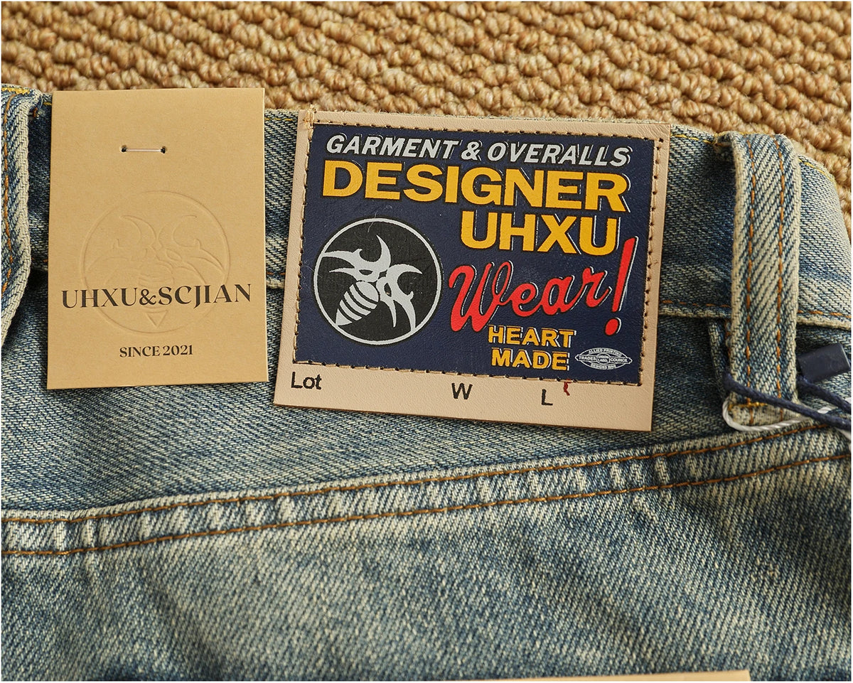 High Quality Heavyweight Denim Pants Men's High Street Trendy Patch-Distressed Whiskering Artisan Washed Tapered Straight Jeans