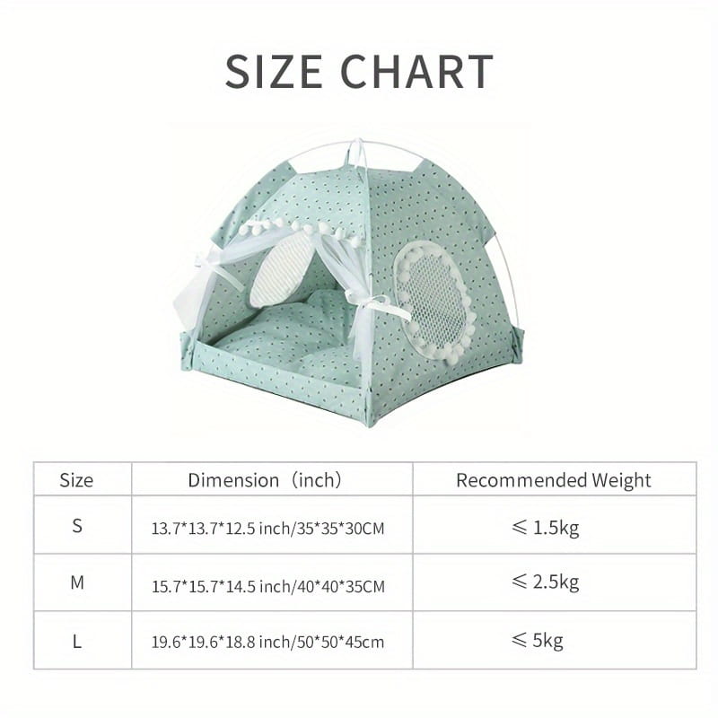 A mint green pet tent with white polka dots featuring a mesh window and decorative lace curtains designed as a floral print cave bed for cats and dogs.