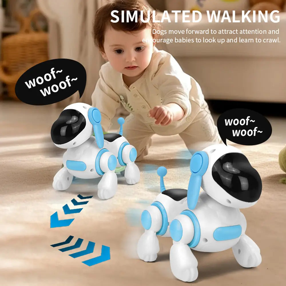 white and light blue interactive robotic dog toy with black facial panels featuring lights and music as a popular toys type