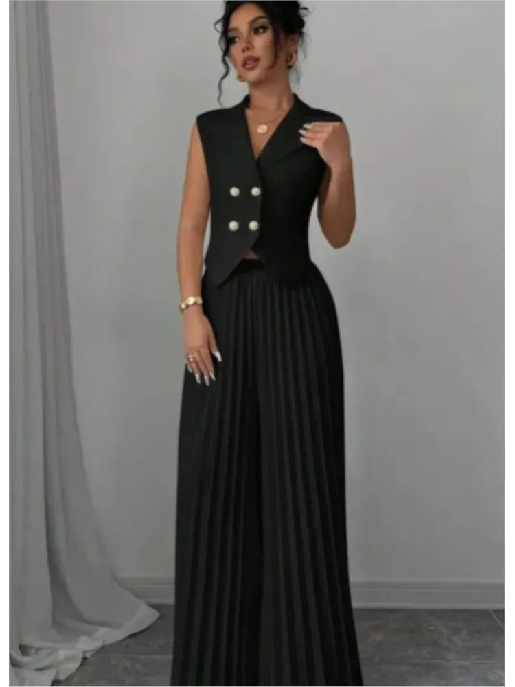 Elegant Formal Women Vest Trousers 2 Pieces Spring New Fashion Retro Wide-leg Pleated Pants Slimming Sleeveless Vest Female Set