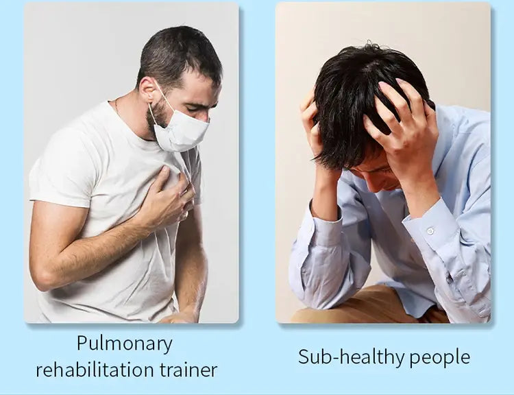 A man wearing a white medical face mask demonstrating the respiratory trainer lung fitness device for improved breathing.