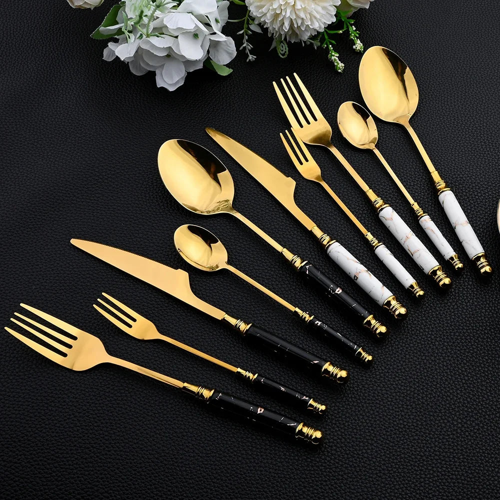 16Pcs Tableware Set Cutlery Set Mirror Ceramic Handle Gold Flatware Fork Spoon Knife Set Stainless Steel Dinnerware Dinner Set