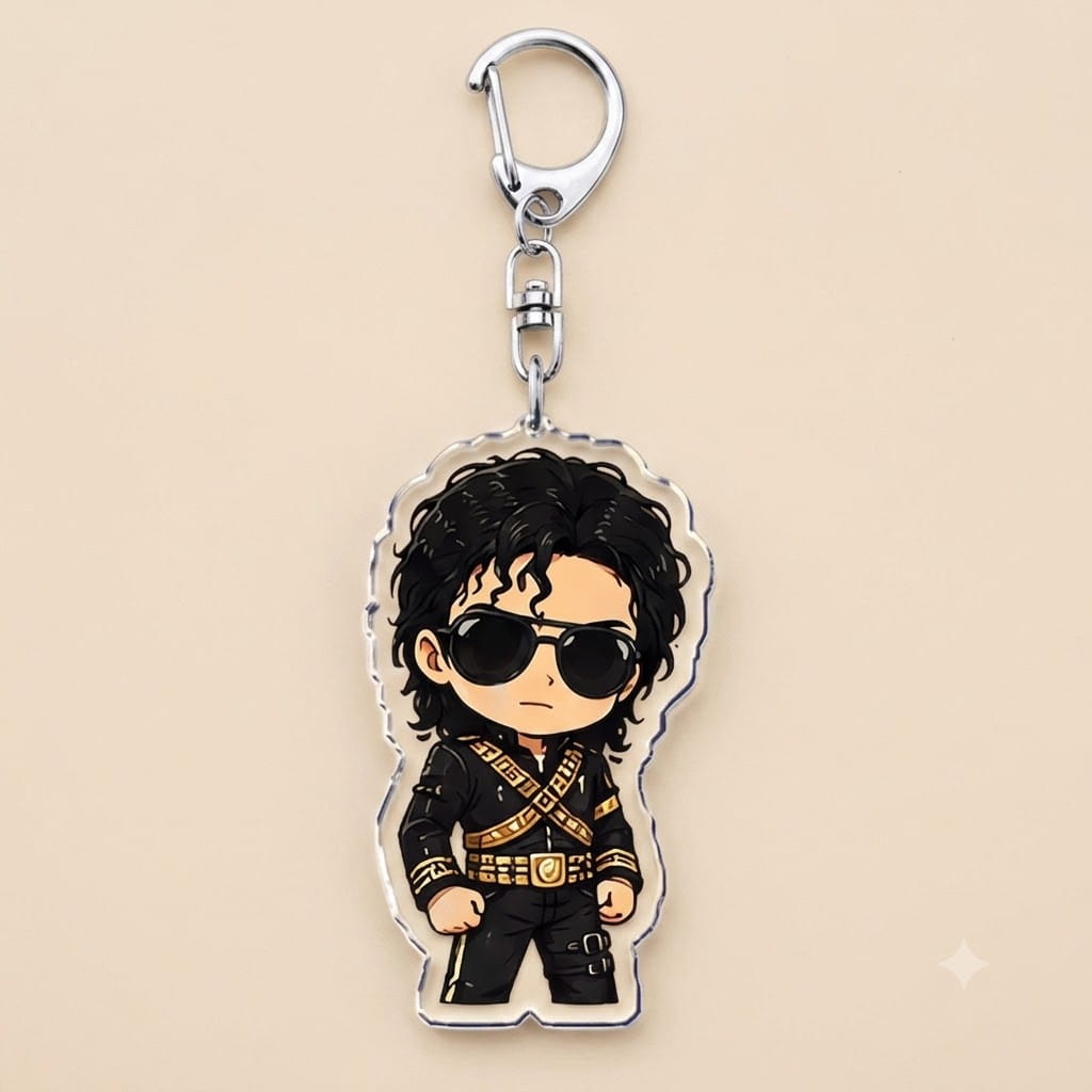 Michael Jackson chibi acrylic keychain featuring a chic black and gold cartoon design with sunglasses and signature outfit, clear acrylic body, and silver metal clip.