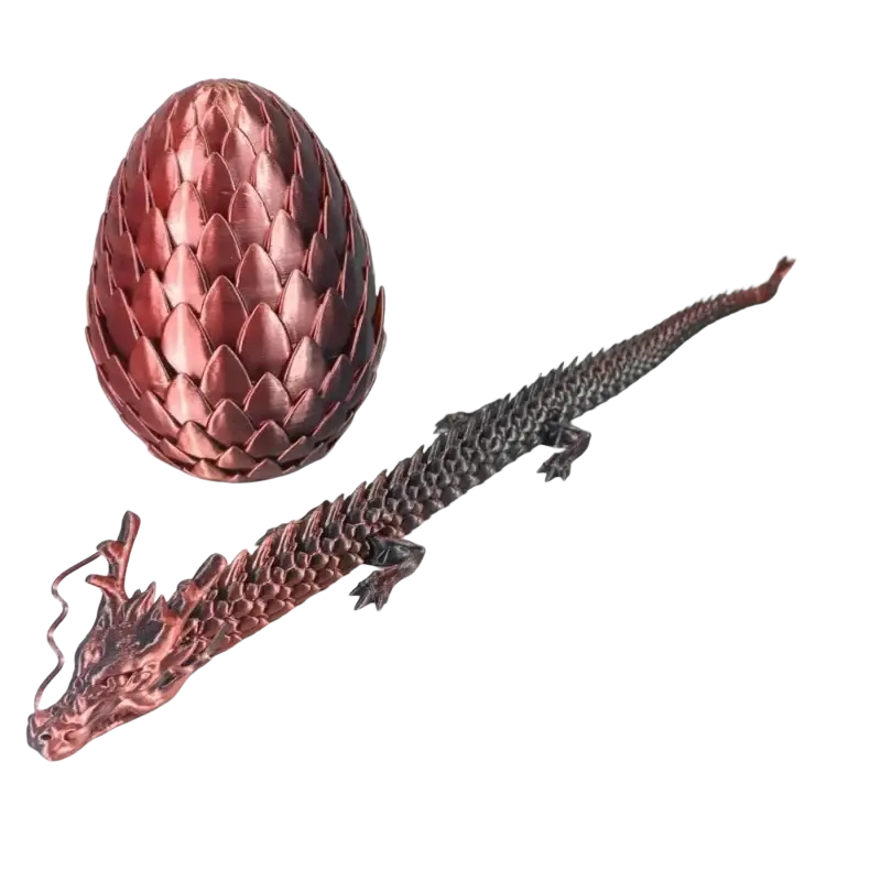 A detailed coppery metallic 3d printed dragon figurine with textured scales beside its matching egg for home decoration