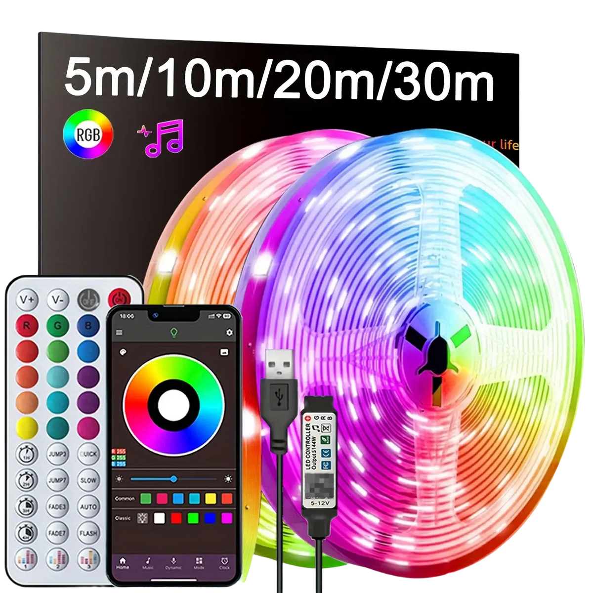 Rgb led strip lights with flexible translucent design and vibrant color changes, featuring music sync and app control functions