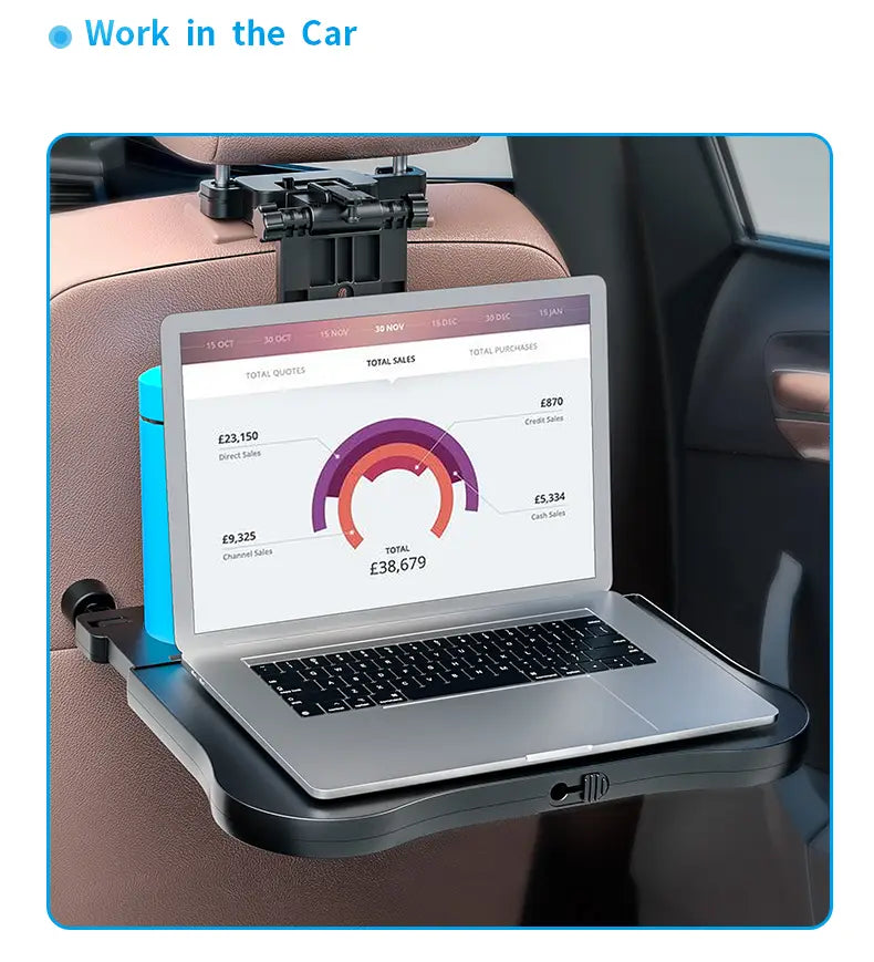 silver laptop mounted on a black adjustable car seat desk displayed from the back in a car headrest laptop tray and food holder product