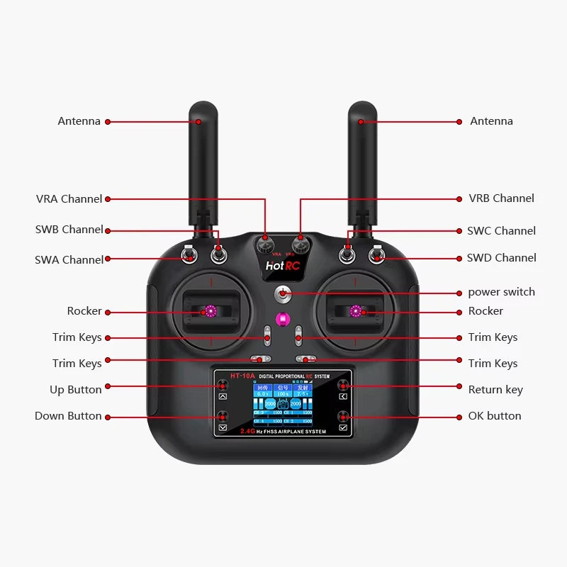 HOTRC HT-10A 10 Channel Color Screen Remote Control Suitable For Remote Control Of Model Aircraft And Car Models Drone FPV