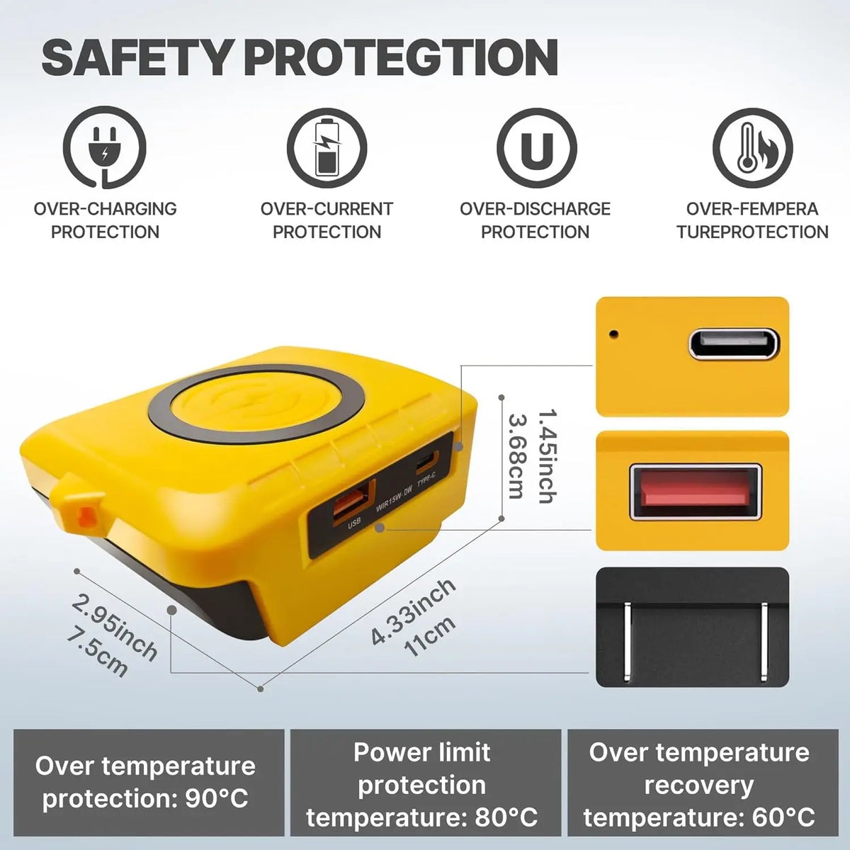 Wireless Charger Adapter for Dewalt 20V Battery,15W Max Wireless Charging Adapter with Type C &USB 2.1A Fast Charge Ports