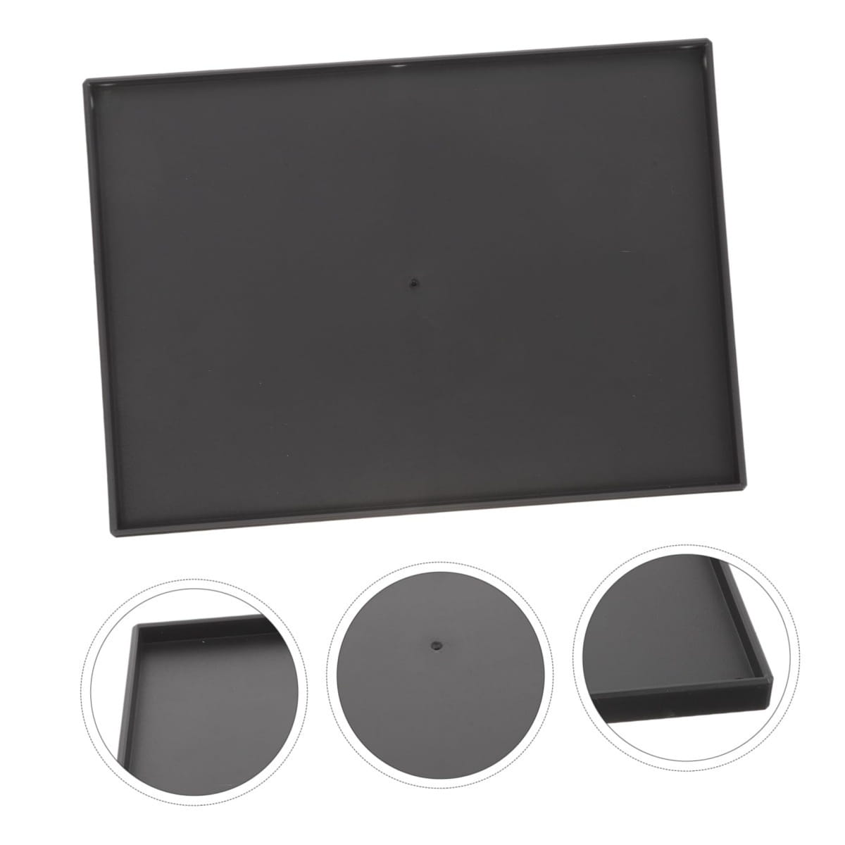 Bandeja negra rectangular de plástico para soporte de proyector con borde perimetral bajo elevado, superficie lisa y adaptador de rosca de 1/4