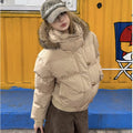 Women's Winter Warm Jacket Korean Thickened Big Fur Collar Hooded Outerwear Fashion Casual Detachable Short Cotton-Padded Coat