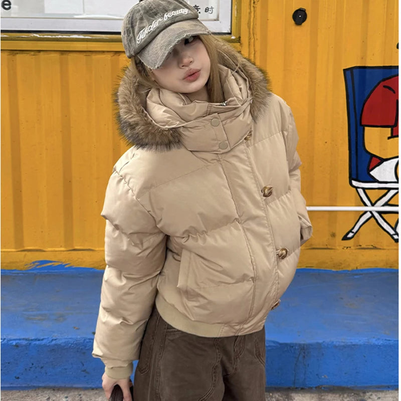 Women's Winter Warm Jacket Korean Thickened Big Fur Collar Hooded Outerwear Fashion Casual Detachable Short Cotton-Padded Coat