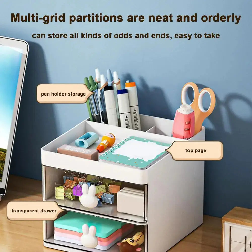 Organisateur de bureau en plastique blanc avec des compartiments multi-grille, un tiroir transparent et des poignées en forme de lapin, conçu pour un rangement de bureau efficace.