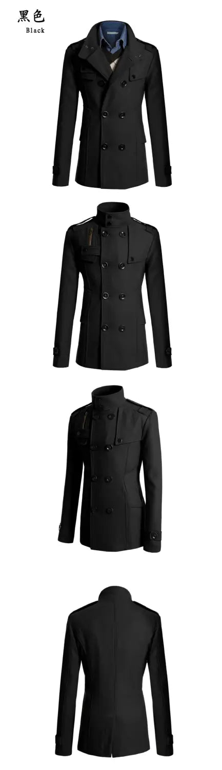 manteau en laine noir croisé deux rangées pour hommes, avec un col montant et des poignets boutonnés