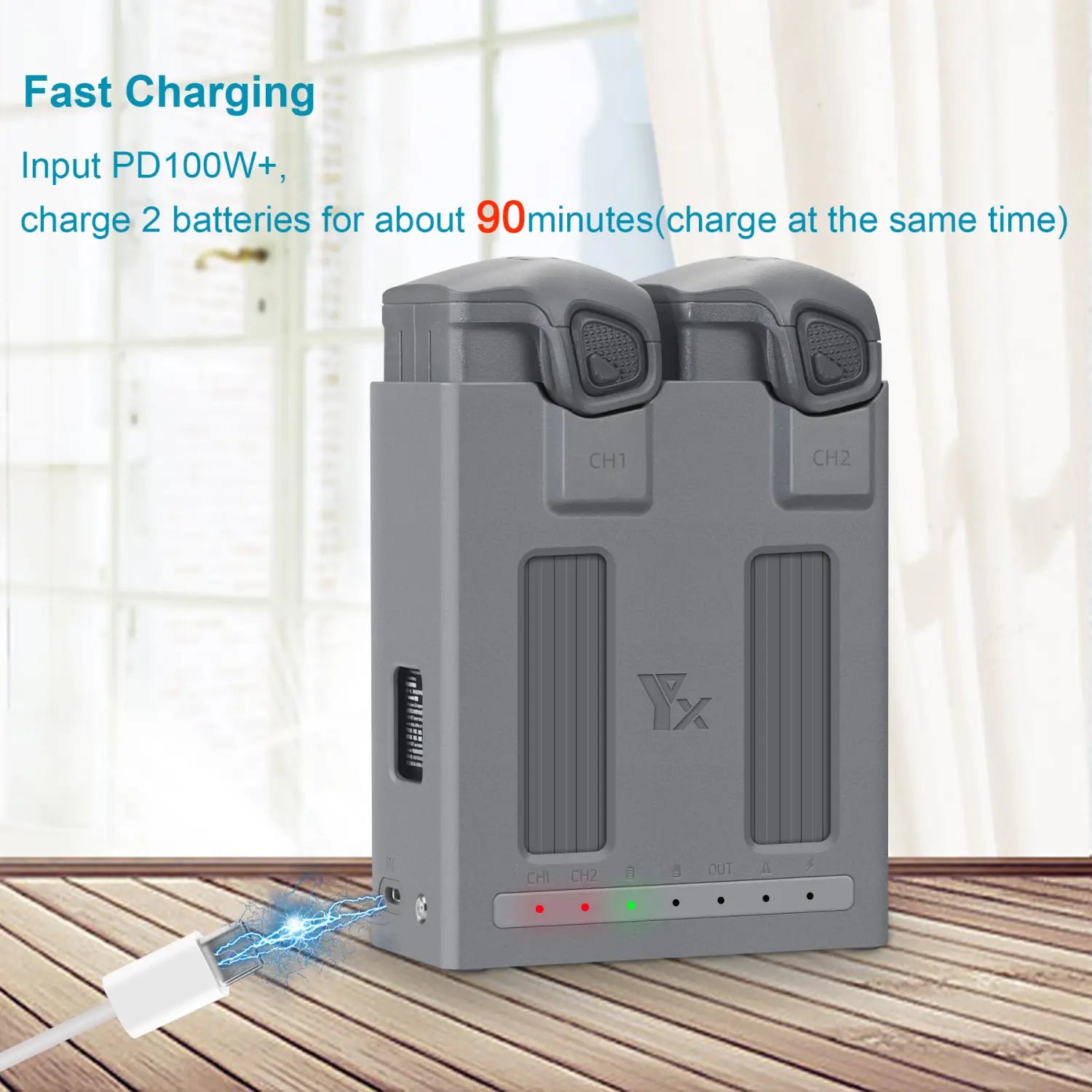 Gray DJI Mavic 4 Pro dual battery charger hub featuring a dual-channel design with two slots for simultaneous fast charging.