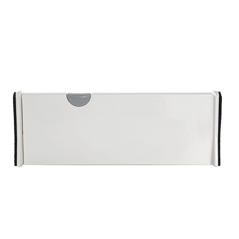 cloison de tiroir rectangulaire en plastique blanc avec bords caoutchoutés noirs et poignée de traction semi-circulaire grise, conçue comme séparation de rangement ajustable.