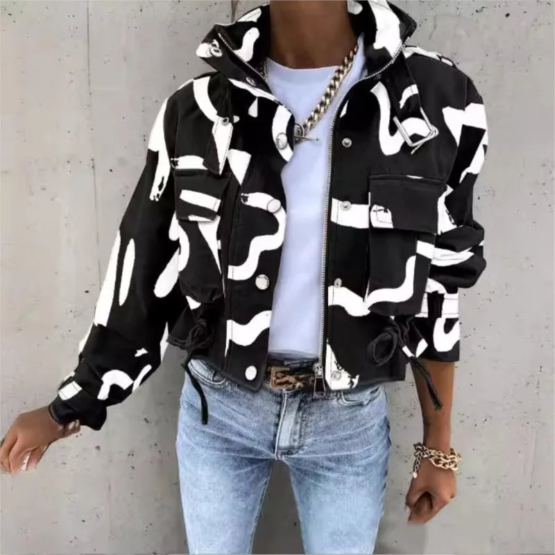Women's Short Print Trench Jacket Coat With Zipper Stand Collar Loose Windbreaker Casual Clothes Fashion Fall Winter Women Coat