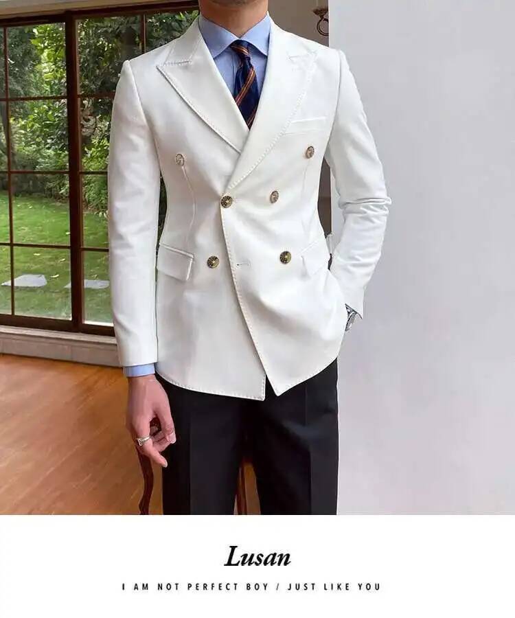 white double breasted slim fit blazer jacket with gold toned buttons and tailored fit for men