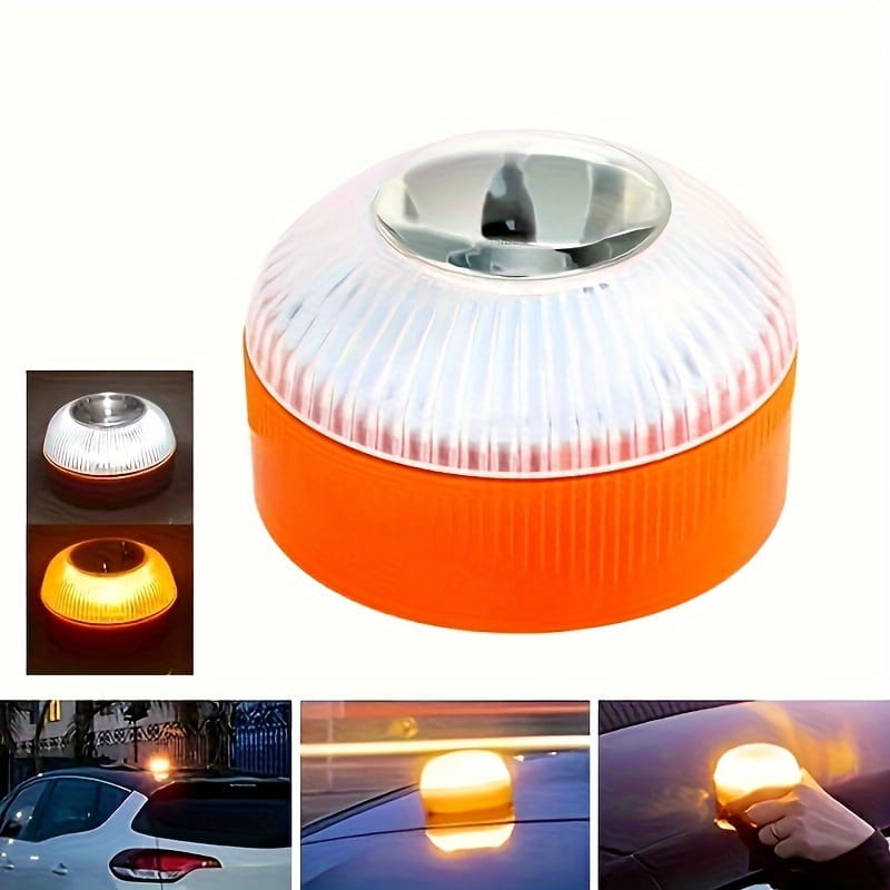 Orange and white circular magnetic led car emergency strobe light beacon with a ribbed translucent dome and metallic center
