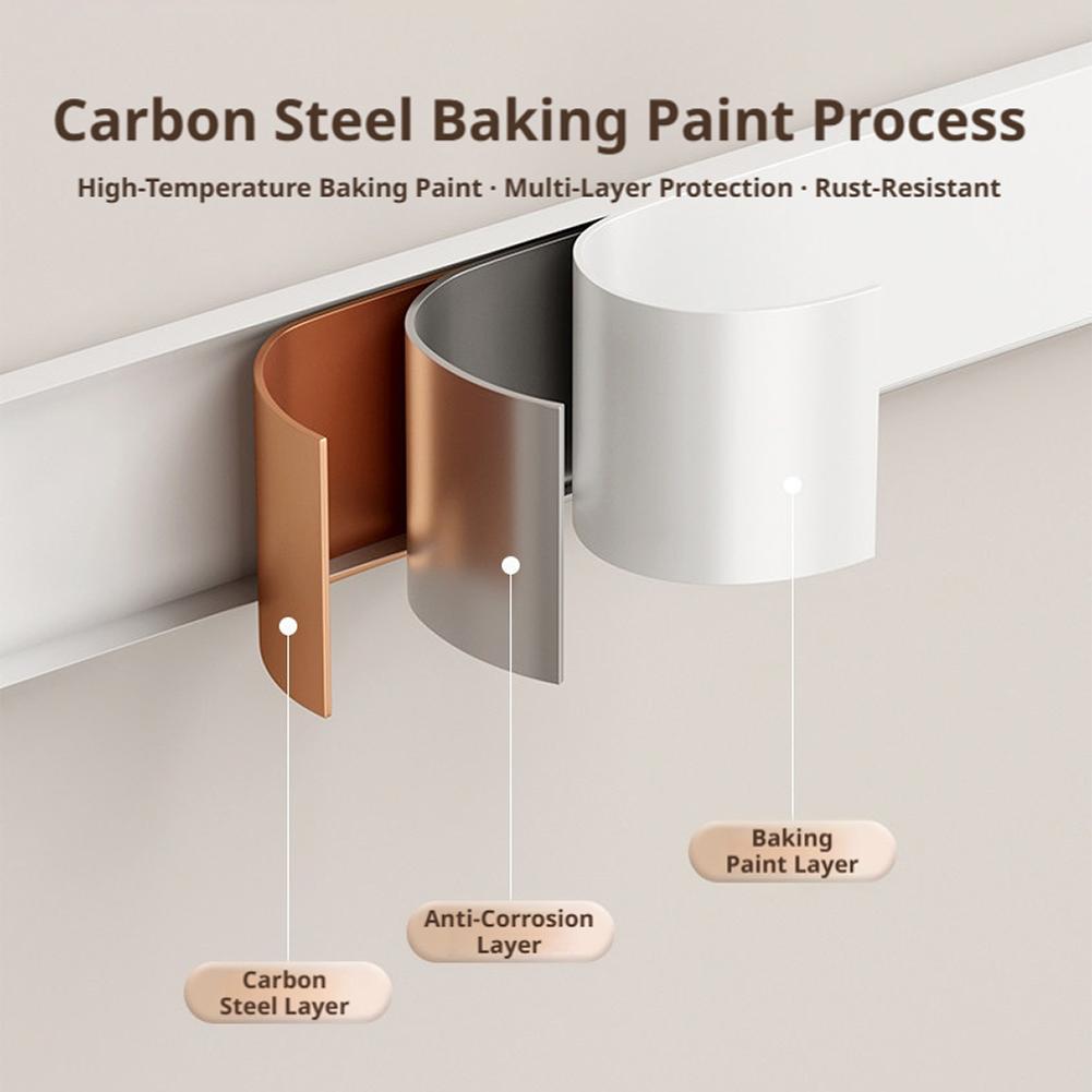 Échantillons en acier au carbone incurvés, revêtus d’une peinture de cuisson à haute température, avec des finitions argent cuivre et blanc, mettant en évidence une protection multi-couches pour un organisateur d’étagère d’armoire empilable réglable en acier au carbone.