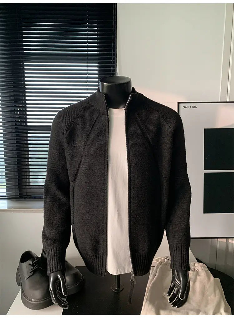 black knit bomber jacket pullover with ribbed cuffs and hem displayed on a mannequin highlighting size shoulder chest length options from m to 3xl