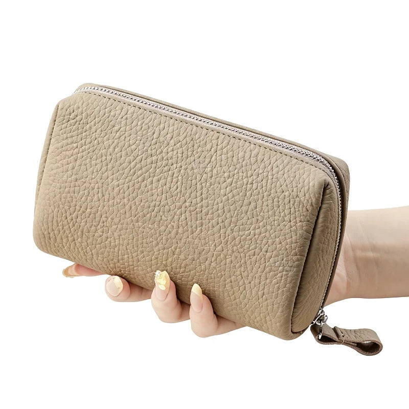 Leather Travel Toiletry Bag for Women, Mini Cosmetic Pouch Organizer with 3 Dividers, Easy Clean Makeup Bag for Purse