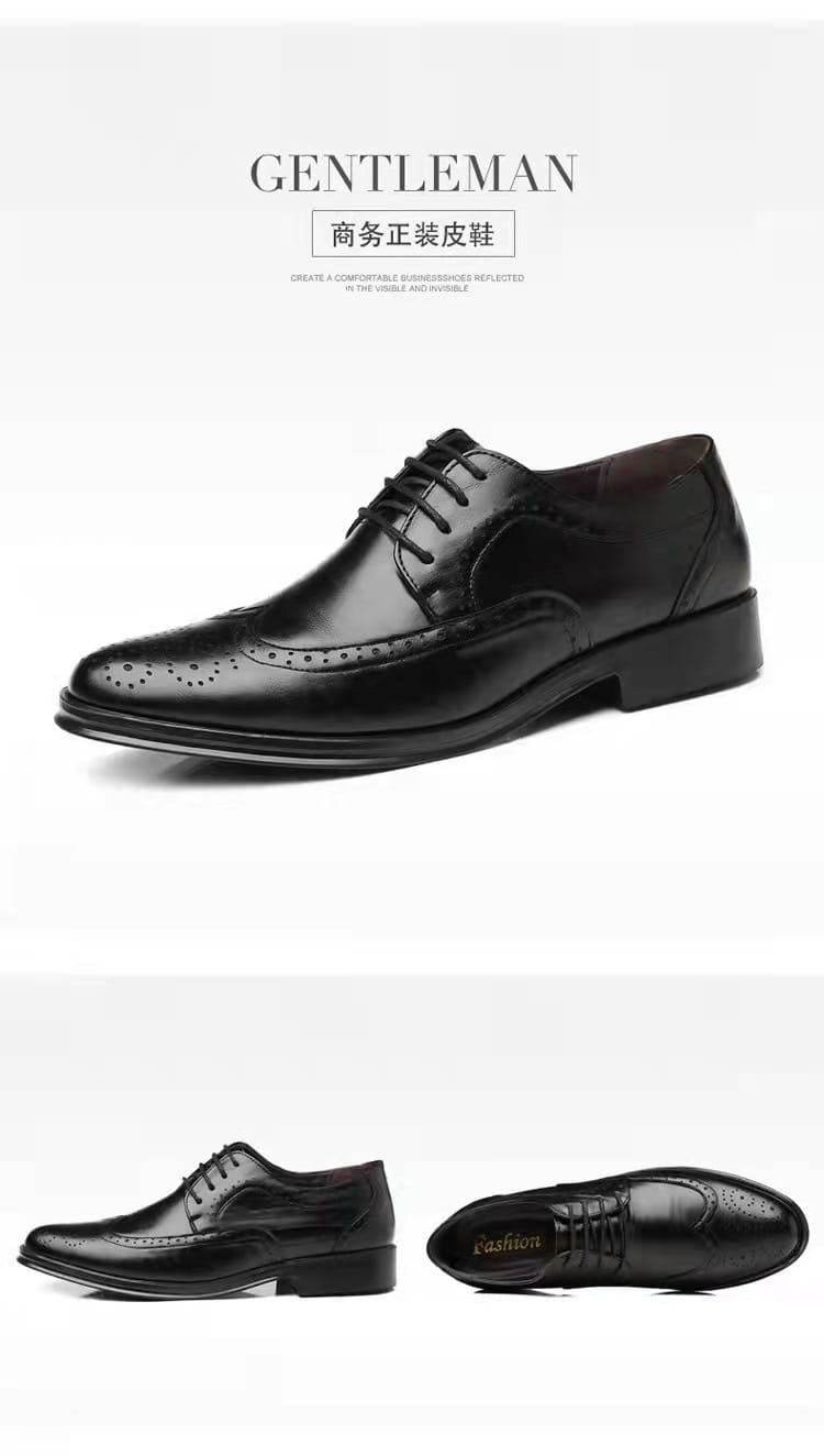 Black leather men’s business formal brogue dress shoes featuring detailed perforations.