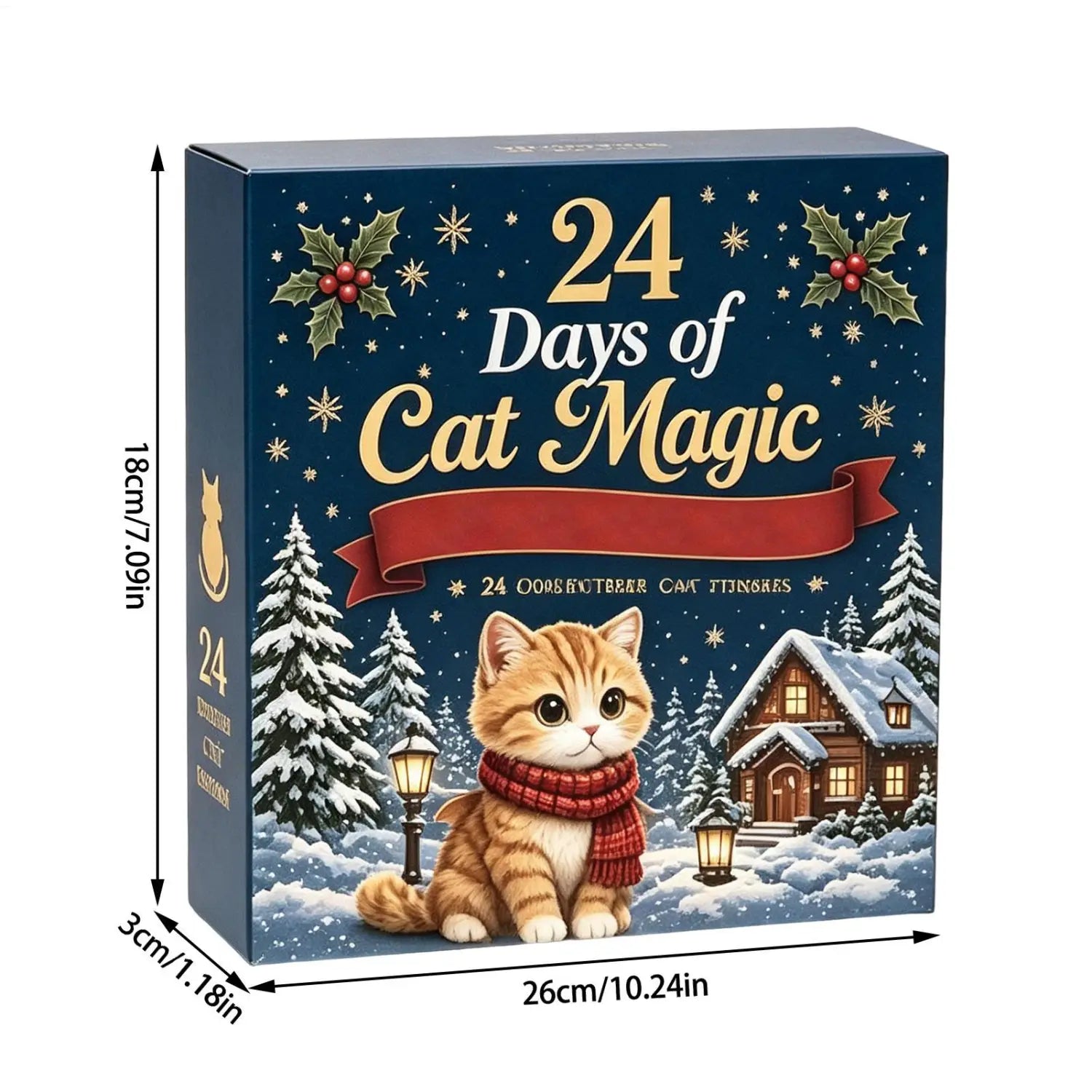 Une boîte de calendrier de compte à rebours pour chat en acrylique bleu marine, festive, présentant un charmant chat roux portant une écharpe rouge, dans une scène d’hiver enneigée avec des pins et une maison chaleureuse.