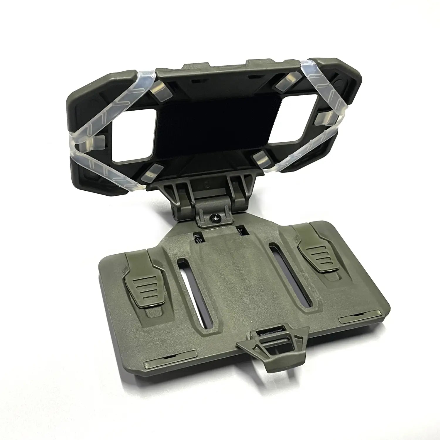 Olive green tactical molle phone navigation board with rugged foldable angular design and transparent plastic straps.
