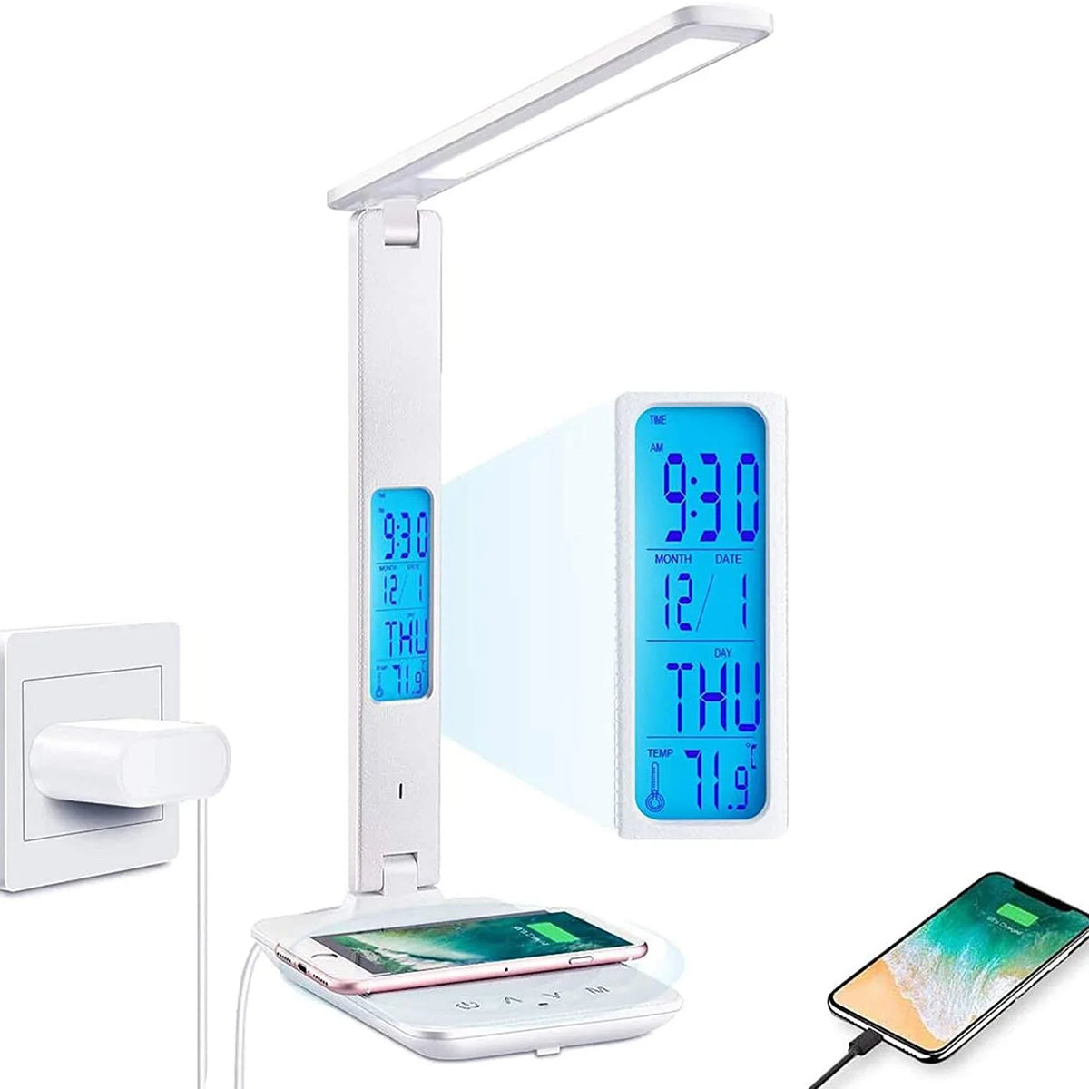 Wireless Charger USB Charging Date Temperature Function Portable Office Desk Lamps LED Table Lamp with Clock Alarm