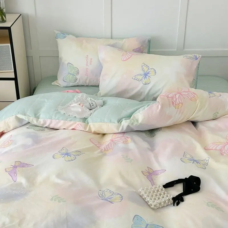 Ins Style Pink Flower Printed Bedding Set Soft Skin-friendly Duvet Cover Set Reactive Dyeing Bed Linens for Girls Bedroom