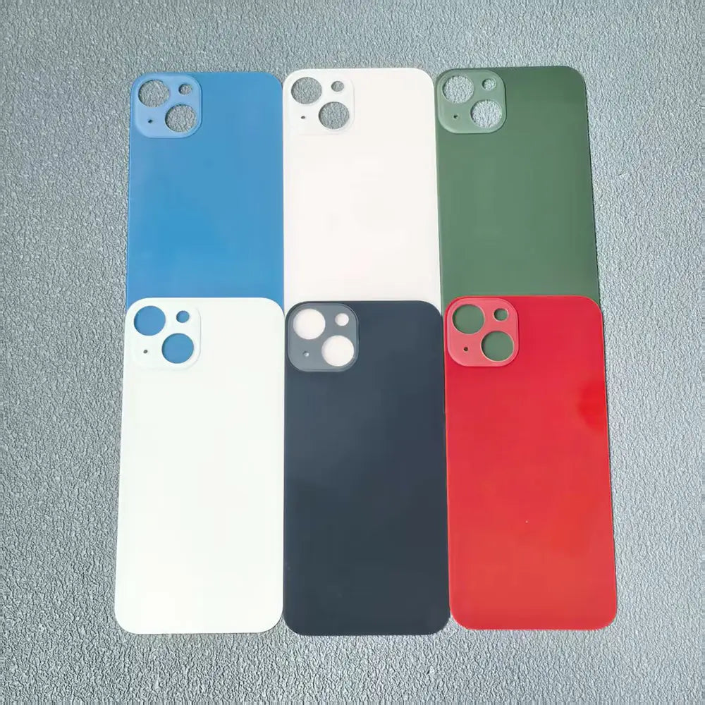 six vitres de coque arrière brillantes de remplacement pour iPhone 13 en bleu, blanc, vert, rouge et noir, présentant un design de grande vitre et une grande vitre pour caméra