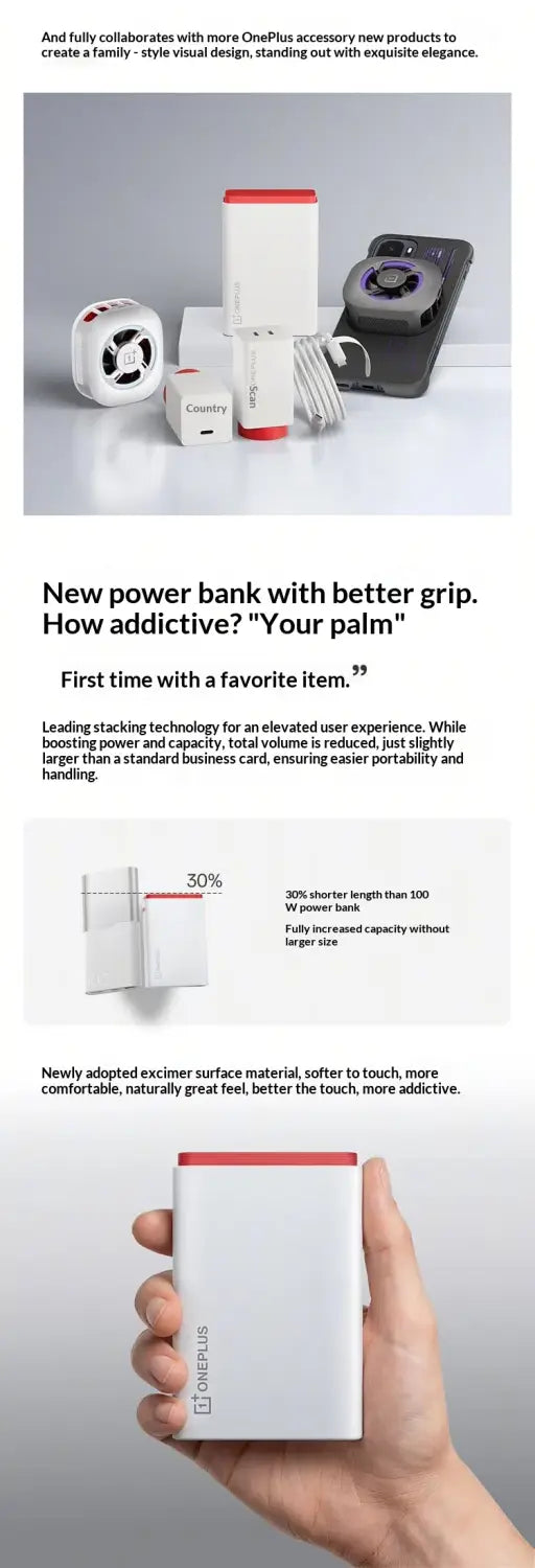 Weiße rechteckige tragbare Powerbank mit roten Akzenten und minimalistischer Gestaltung, mit dem Oneplus-Logo und 120 W 15000 mAh Kapazität für Oppo-Geräte.